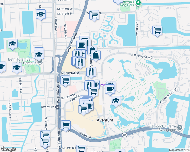 map of restaurants, bars, coffee shops, grocery stores, and more near in Aventura
