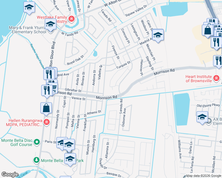 map of restaurants, bars, coffee shops, grocery stores, and more near 2327 Athens Street in Brownsville