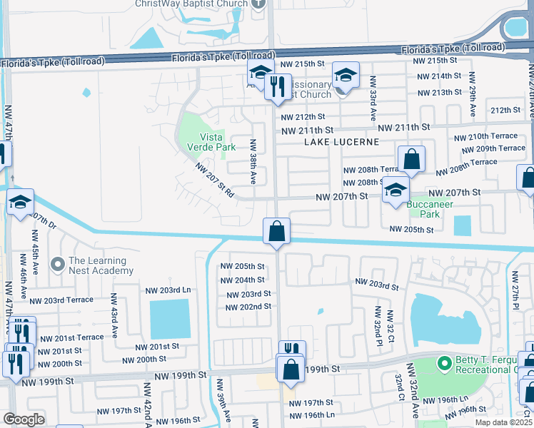 map of restaurants, bars, coffee shops, grocery stores, and more near 20645 Northwest 38th Avenue in Miami Gardens