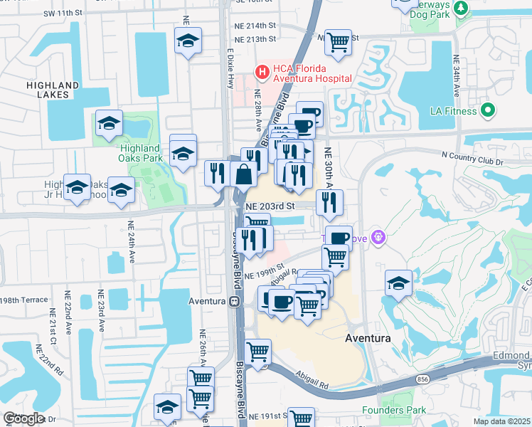 map of restaurants, bars, coffee shops, grocery stores, and more near 2800 Northeast 203rd Street in Miami