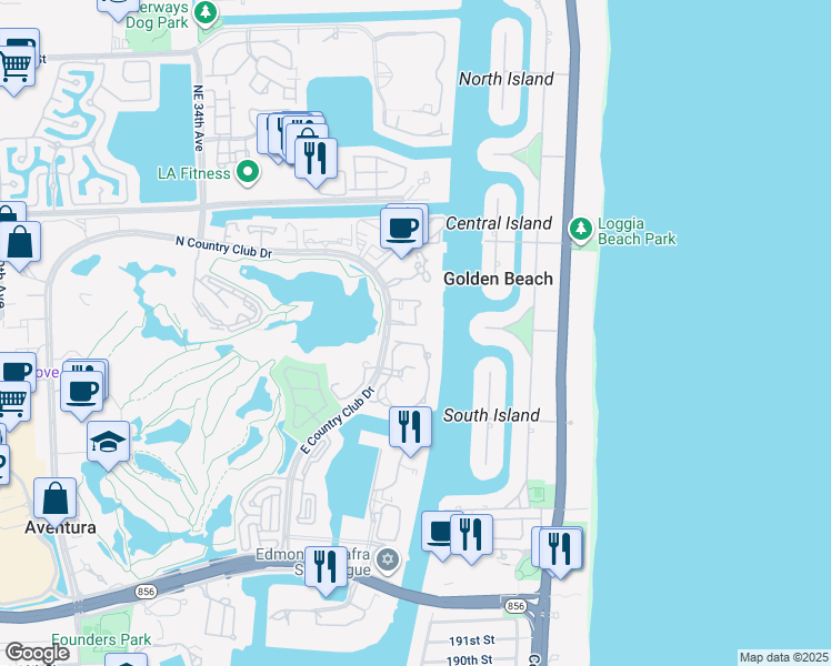 map of restaurants, bars, coffee shops, grocery stores, and more near 20191 East Country Club Drive in Miami