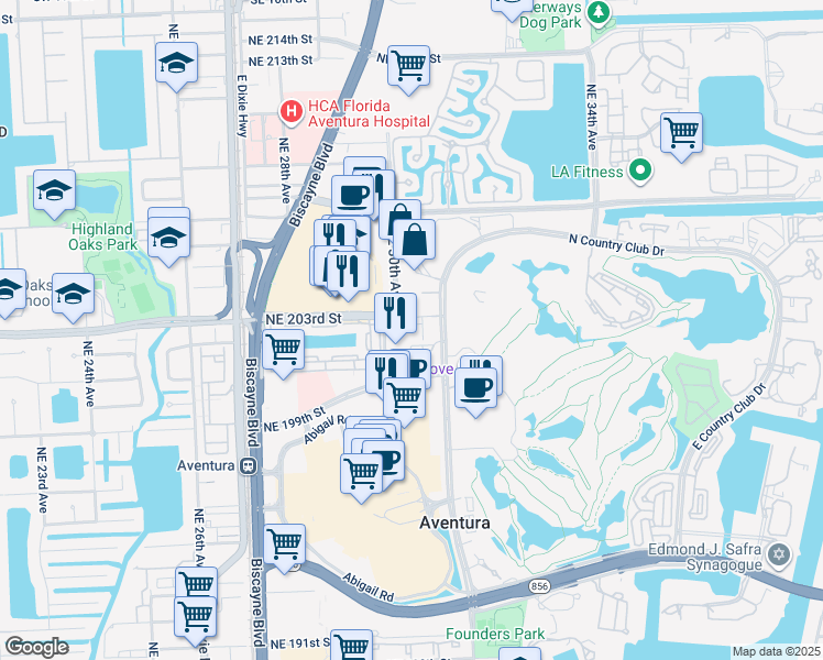 map of restaurants, bars, coffee shops, grocery stores, and more near in Aventura