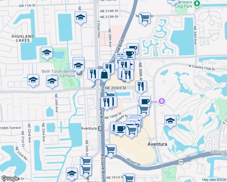 map of restaurants, bars, coffee shops, grocery stores, and more near 2800 Northeast 203rd Street in Miami