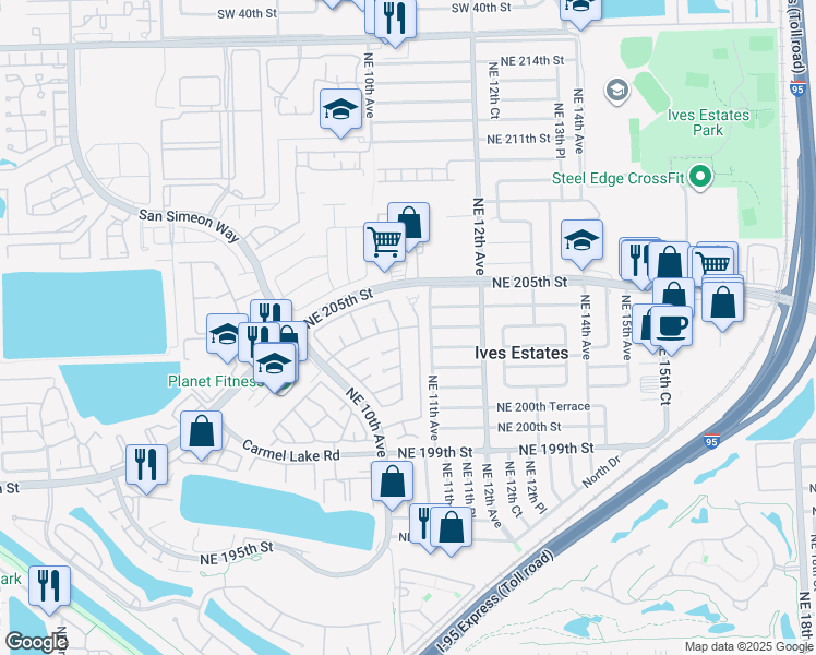 map of restaurants, bars, coffee shops, grocery stores, and more near 20420 Northeast 10th Place in Miami