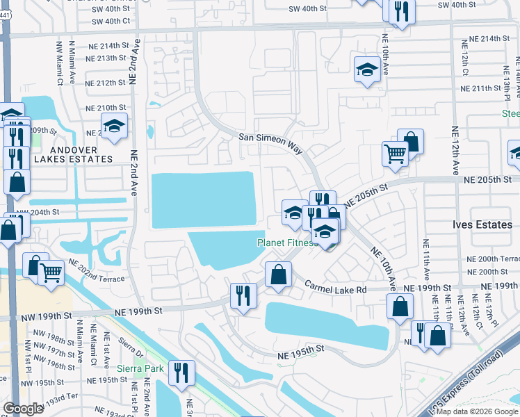 map of restaurants, bars, coffee shops, grocery stores, and more near 20544 Northeast 6th Court in Miami
