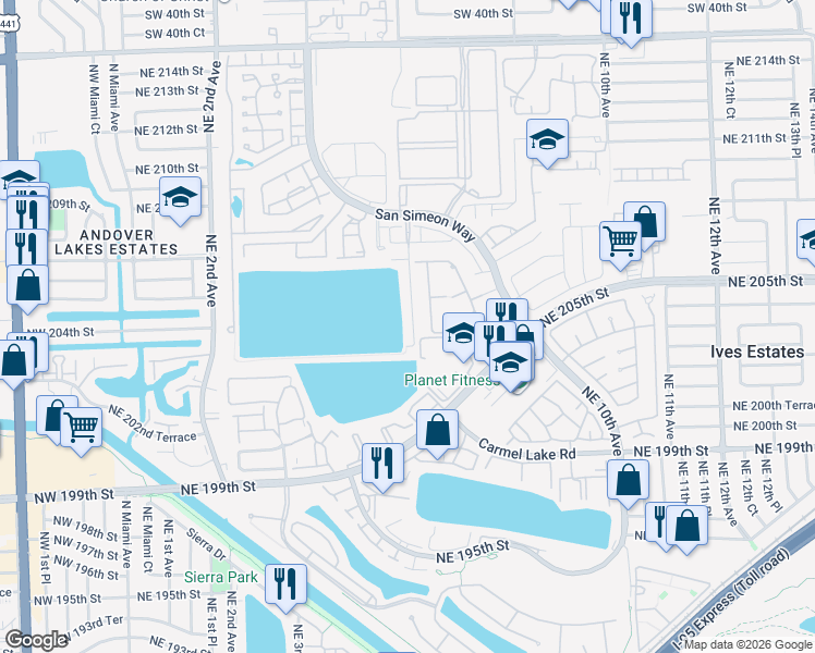 map of restaurants, bars, coffee shops, grocery stores, and more near 20544 Northeast 6th Court in Miami