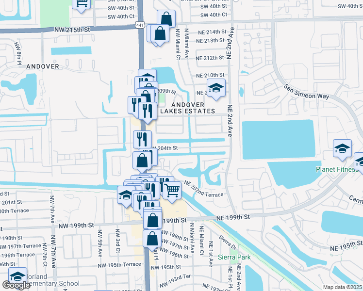 map of restaurants, bars, coffee shops, grocery stores, and more near 17 Northwest 204th Street in Miami Gardens