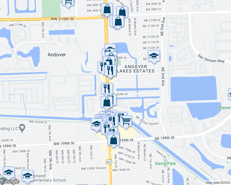 map of restaurants, bars, coffee shops, grocery stores, and more near 20401 Northwest 2nd Avenue in Miami