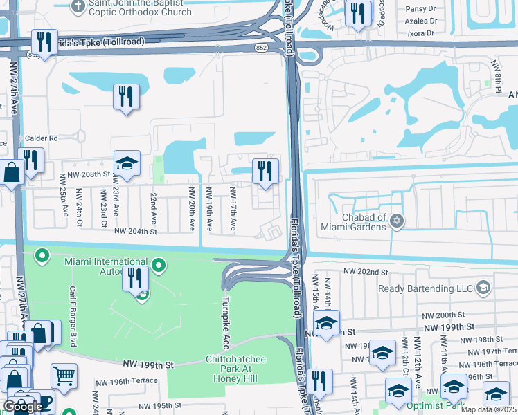 map of restaurants, bars, coffee shops, grocery stores, and more near 20541 Northwest 17th Avenue in Miami Gardens