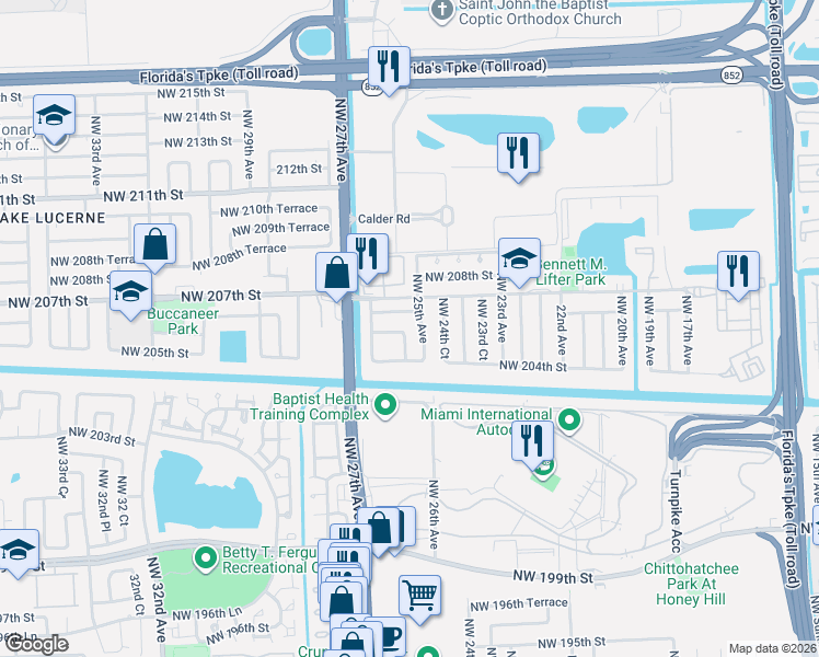 map of restaurants, bars, coffee shops, grocery stores, and more near 20510 Northwest 25th Avenue in Miami Gardens