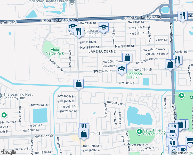 map of restaurants, bars, coffee shops, grocery stores, and more near 20601 Northwest 34th Court in Miami Gardens