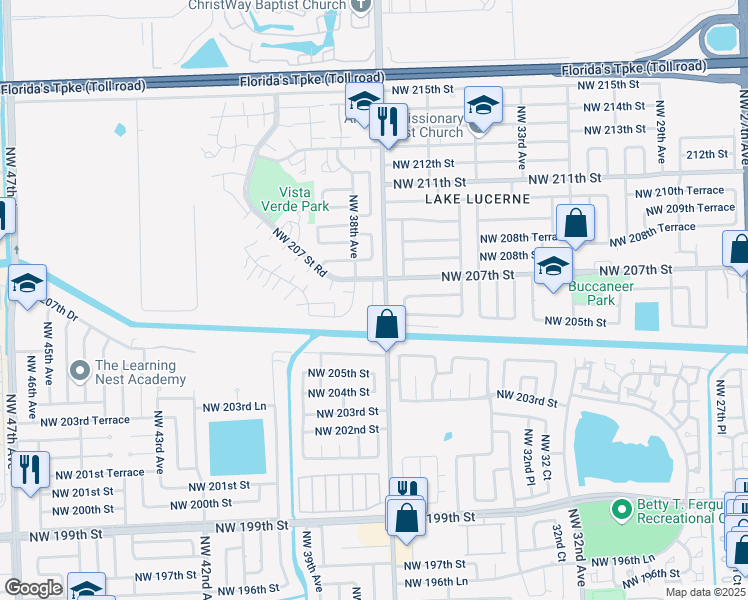map of restaurants, bars, coffee shops, grocery stores, and more near 20645 Northwest 38th Avenue in Miami Gardens