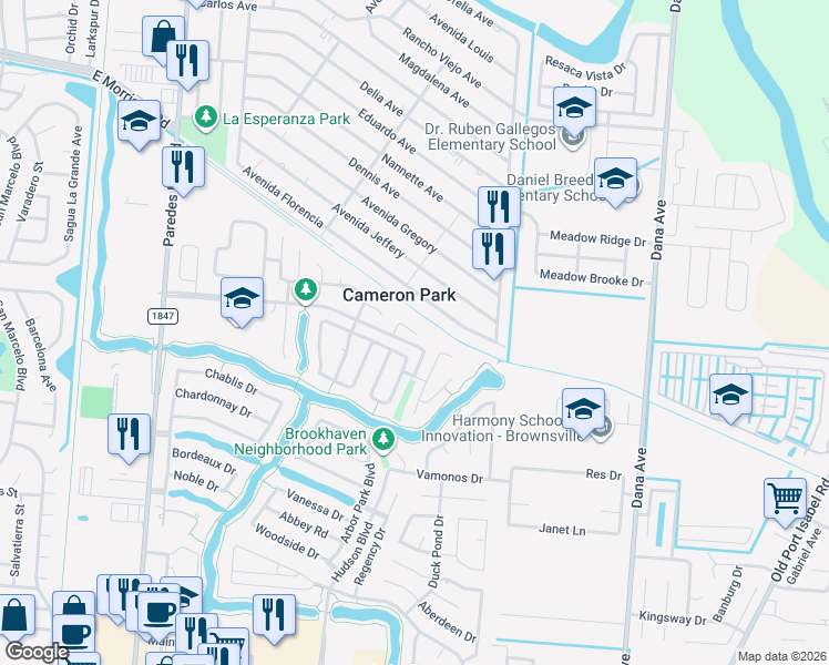map of restaurants, bars, coffee shops, grocery stores, and more near 3348 Calle Bolivia in Brownsville