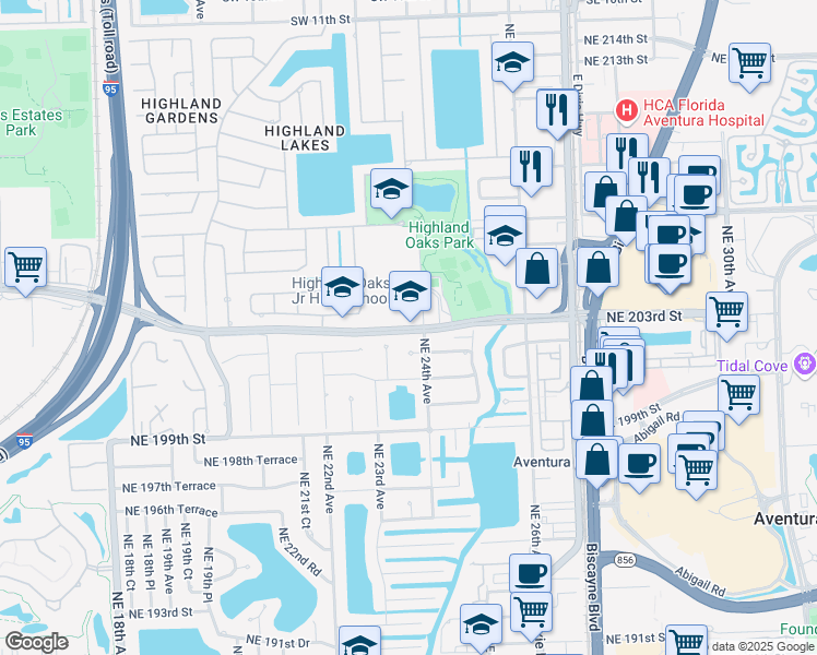 map of restaurants, bars, coffee shops, grocery stores, and more near 2375 Northeast 203rd Street in Miami