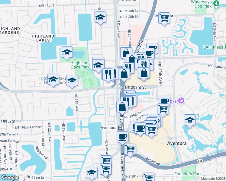 map of restaurants, bars, coffee shops, grocery stores, and more near 2660 Northeast 203rd Street in Miami