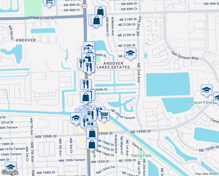 map of restaurants, bars, coffee shops, grocery stores, and more near 17 Northwest 204th Street in Miami Gardens