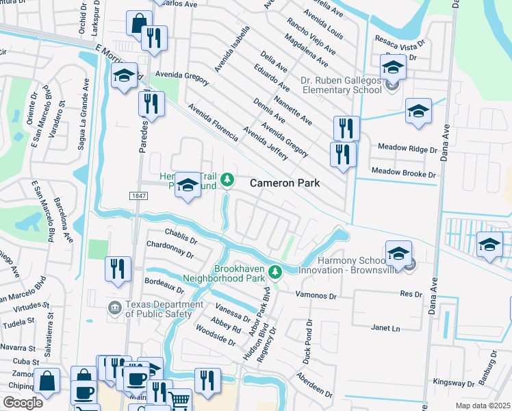 map of restaurants, bars, coffee shops, grocery stores, and more near 3336 Brasilia Drive in Brownsville