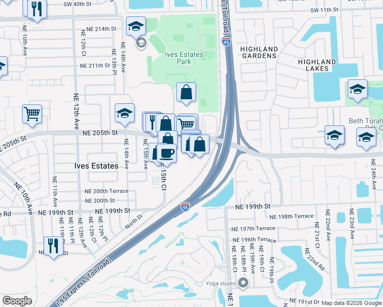 map of restaurants, bars, coffee shops, grocery stores, and more near 20338 Northeast 16th Place in Miami