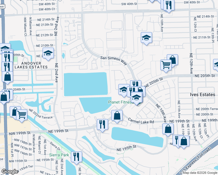 map of restaurants, bars, coffee shops, grocery stores, and more near 20544 Northeast 6th Court in Miami