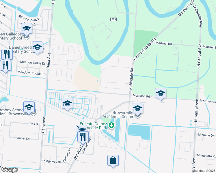 map of restaurants, bars, coffee shops, grocery stores, and more near Morrison Road in Brownsville
