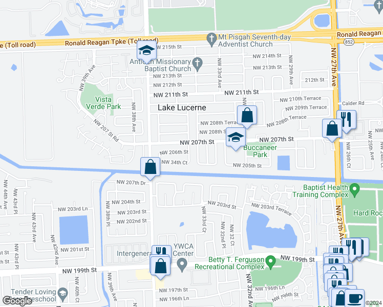 map of restaurants, bars, coffee shops, grocery stores, and more near 20541 Northwest 34th Court in Miami Gardens