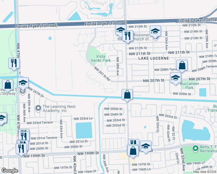 map of restaurants, bars, coffee shops, grocery stores, and more near 20733 Northwest 41st Avenue Road in Miami Gardens