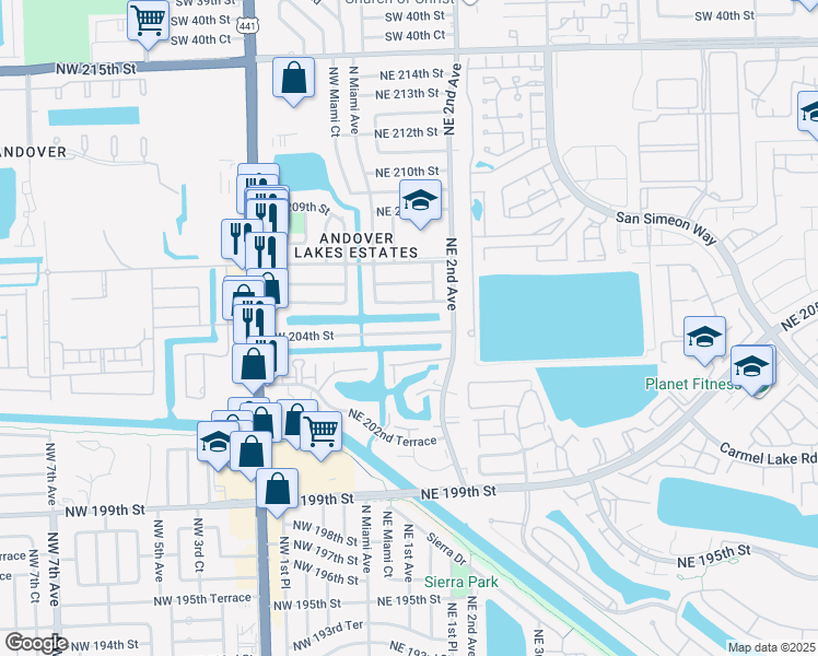 map of restaurants, bars, coffee shops, grocery stores, and more near 21 Northwest 204th Street in Miami Gardens