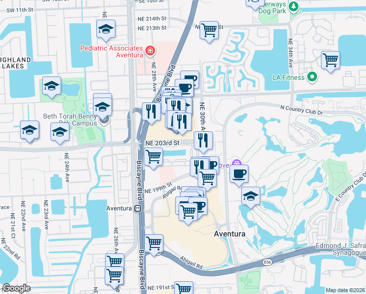 map of restaurants, bars, coffee shops, grocery stores, and more near in Aventura