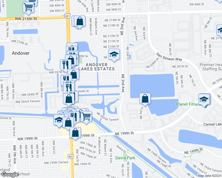 map of restaurants, bars, coffee shops, grocery stores, and more near 21 Northwest 204th Street in Miami Gardens