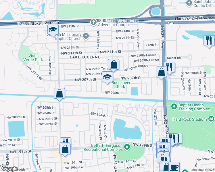 map of restaurants, bars, coffee shops, grocery stores, and more near 3250 Northwest 207th Street in Miami Gardens