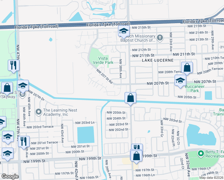 map of restaurants, bars, coffee shops, grocery stores, and more near 20733 Northwest 41st Avenue Road in Miami Gardens