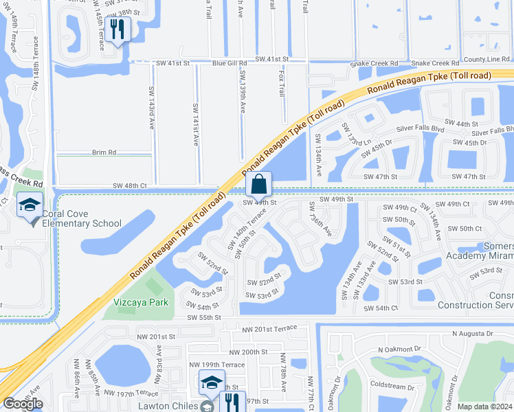 map of restaurants, bars, coffee shops, grocery stores, and more near 4917 Southwest 141st Avenue in Miramar