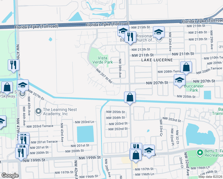 map of restaurants, bars, coffee shops, grocery stores, and more near 20733 Northwest 41st Avenue Road in Miami Gardens
