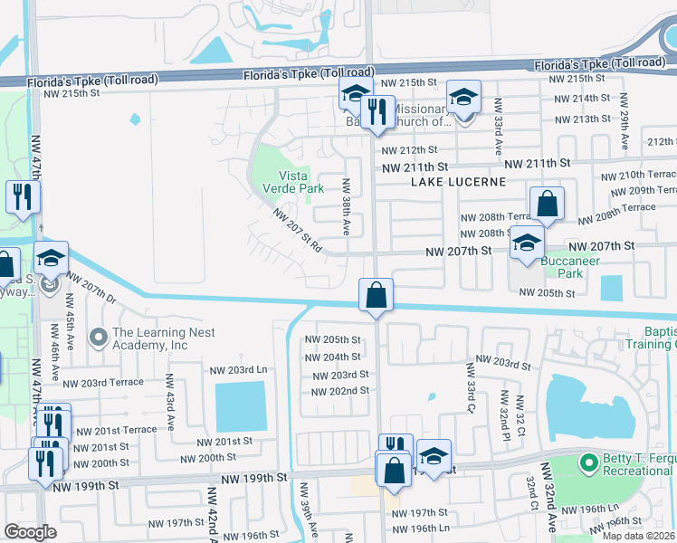 map of restaurants, bars, coffee shops, grocery stores, and more near 20645 Northwest 38th Avenue in Miami Gardens