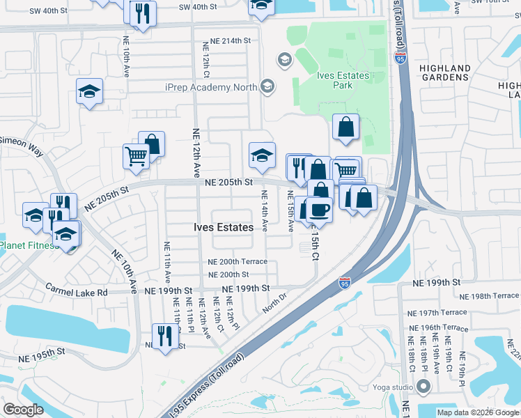 map of restaurants, bars, coffee shops, grocery stores, and more near 20400 Northeast 14th Avenue in Miami