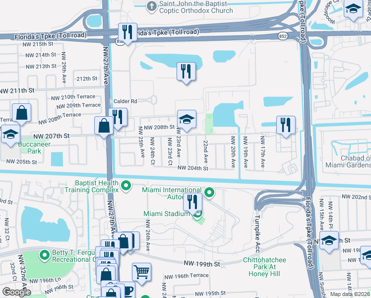 map of restaurants, bars, coffee shops, grocery stores, and more near 20534 Northwest 22nd Place in Miami Gardens
