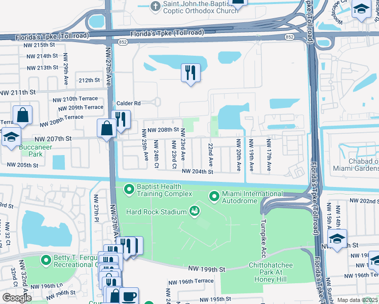 map of restaurants, bars, coffee shops, grocery stores, and more near 20603 Northwest 22nd Place in Miami Gardens