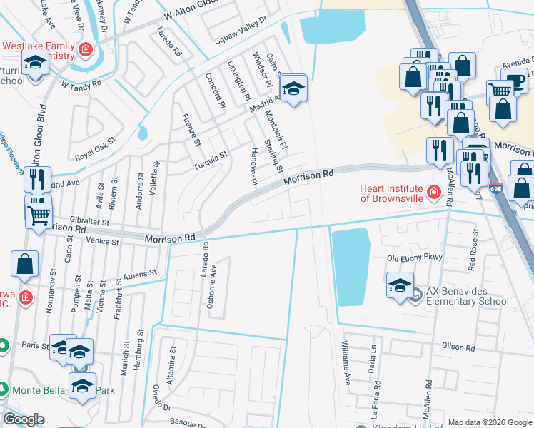 map of restaurants, bars, coffee shops, grocery stores, and more near Artesia Circle in Brownsville