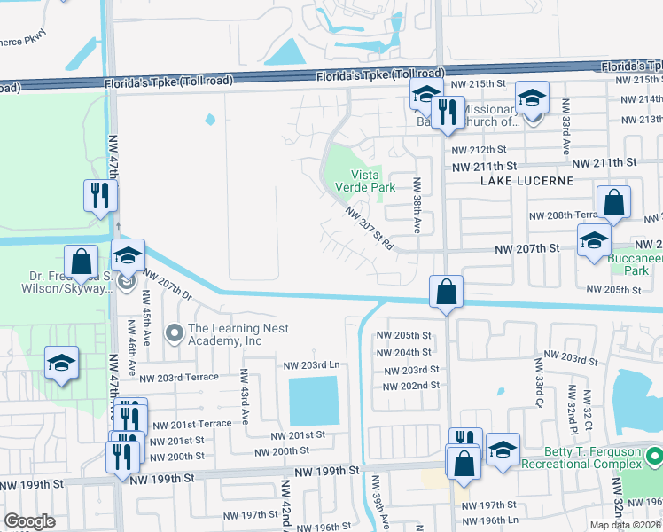 map of restaurants, bars, coffee shops, grocery stores, and more near 3929 Northwest 207th Drive in Miami Gardens