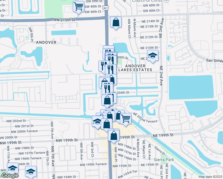 map of restaurants, bars, coffee shops, grocery stores, and more near 20401 Northwest 2nd Avenue in Miami