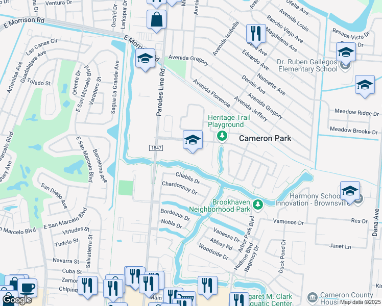 map of restaurants, bars, coffee shops, grocery stores, and more near 3700 Heritage Trail in Brownsville