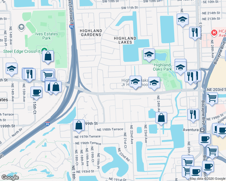 map of restaurants, bars, coffee shops, grocery stores, and more near 2070 NE 203rd Terrace in Miami