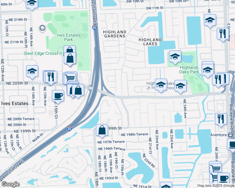 map of restaurants, bars, coffee shops, grocery stores, and more near 20305 Northeast 19th Court in Miami