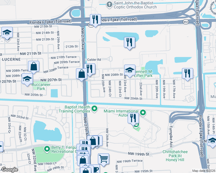 map of restaurants, bars, coffee shops, grocery stores, and more near 20530 Northwest 24th Court in Miami Gardens