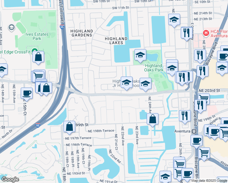 map of restaurants, bars, coffee shops, grocery stores, and more near 2130 Northeast 203rd Terrace in Miami