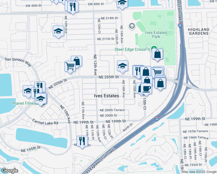 map of restaurants, bars, coffee shops, grocery stores, and more near 1275 Northeast 204th Street in Miami