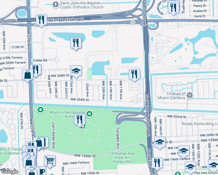map of restaurants, bars, coffee shops, grocery stores, and more near 20554 Northwest 19th Avenue in Miami Gardens