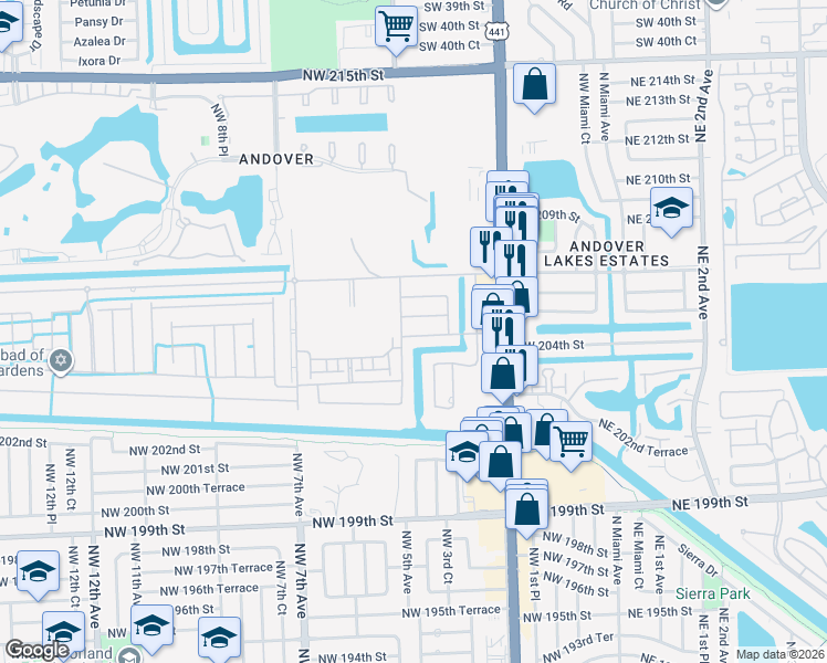 map of restaurants, bars, coffee shops, grocery stores, and more near 351 Northwest 204th Terrace in Miami