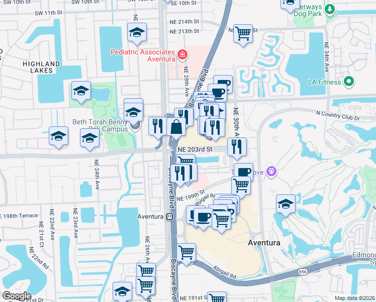 map of restaurants, bars, coffee shops, grocery stores, and more near 2800 Northeast 203rd Street in Miami