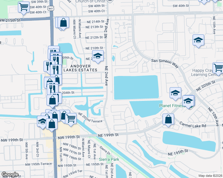 map of restaurants, bars, coffee shops, grocery stores, and more near 20440 Northeast 2nd Court in North Miami Beach